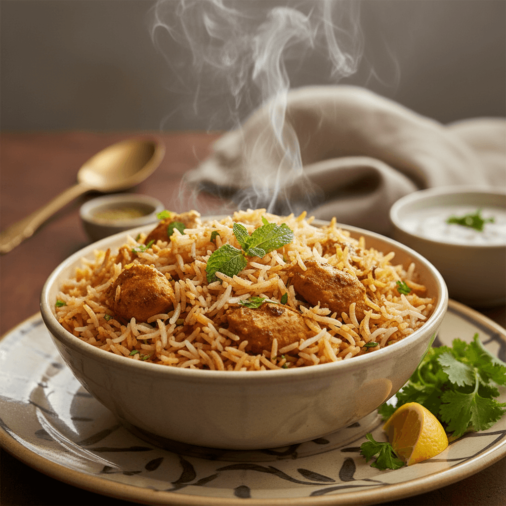 Saffron-infused biryani in ceramic bowl