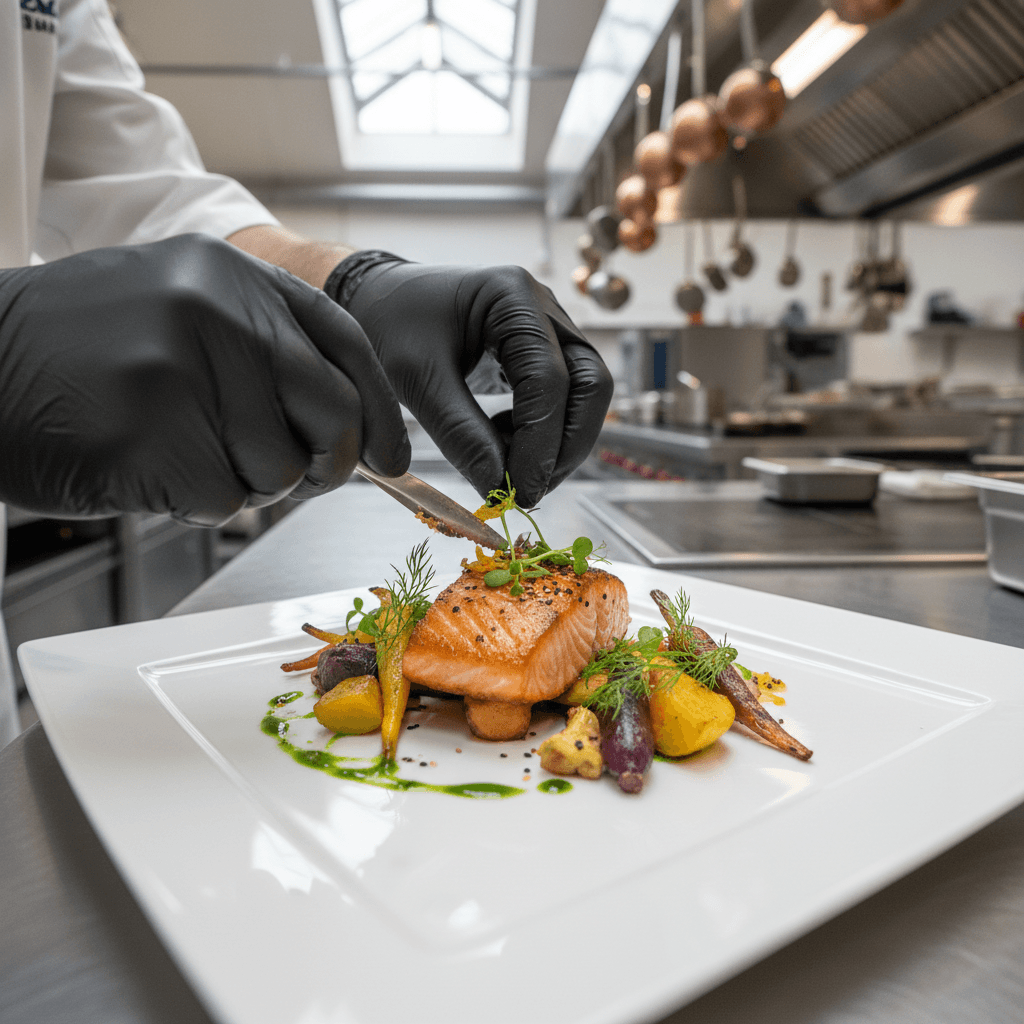 Chef plating finished meal with fresh herbs and vegetables in commercial kitchen with overhead lighting