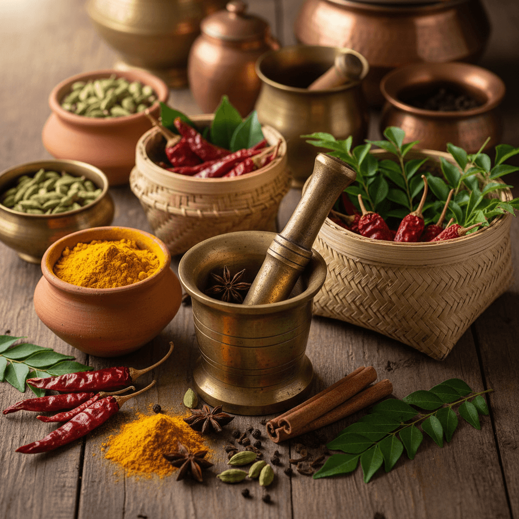 Traditional sambar simmering in brass pot