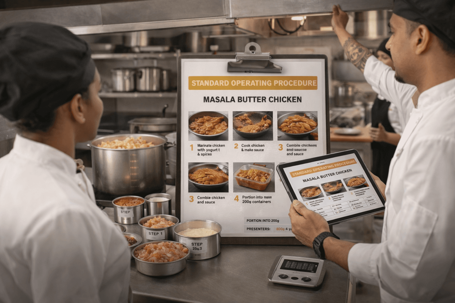 Chefs in a kitchen review a Masala Butter Chicken procedure on a tablet and clipboard.