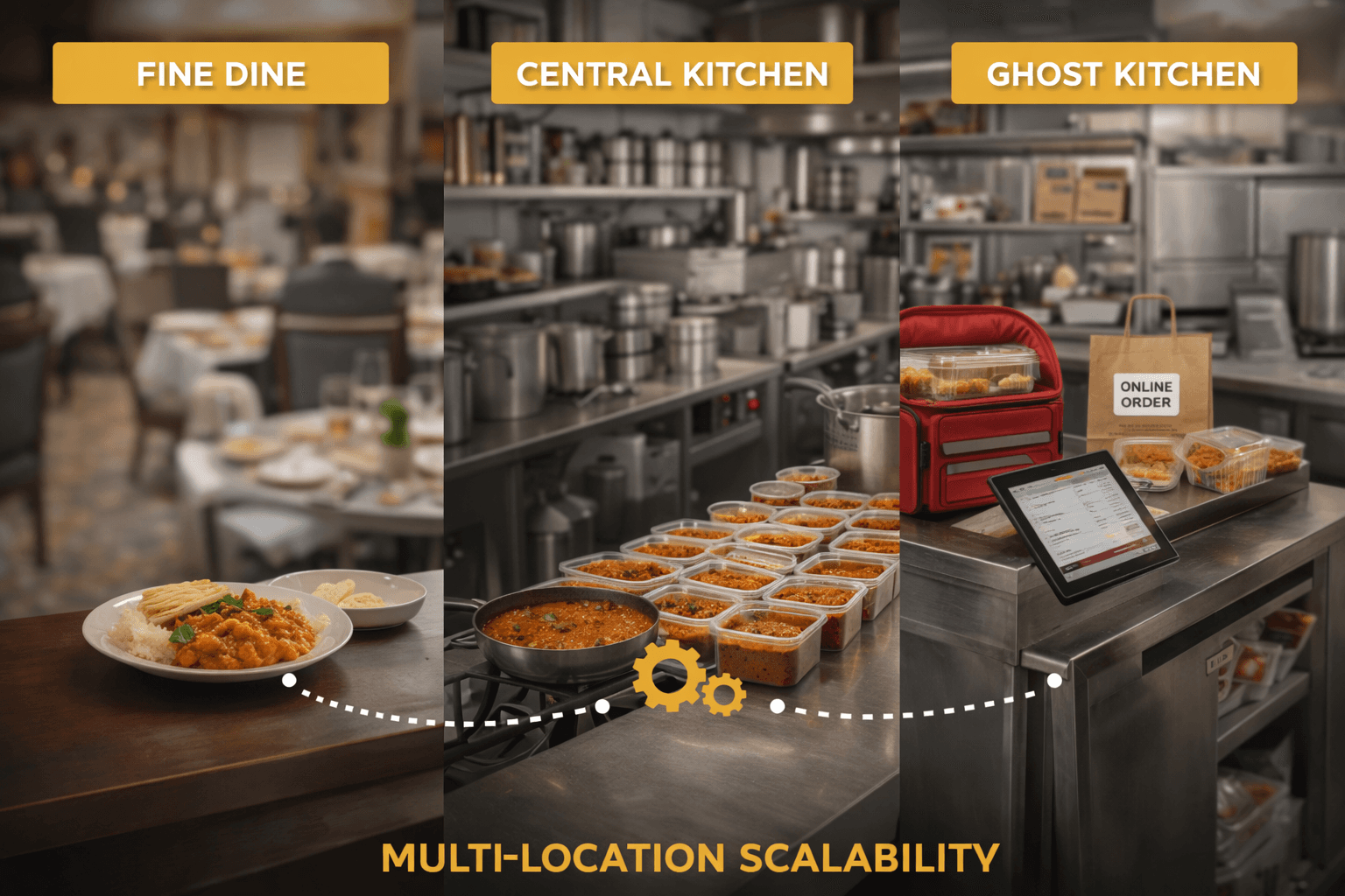 Three panels illustrating fine dining, central kitchen, and ghost kitchen models for multi-location scalability.