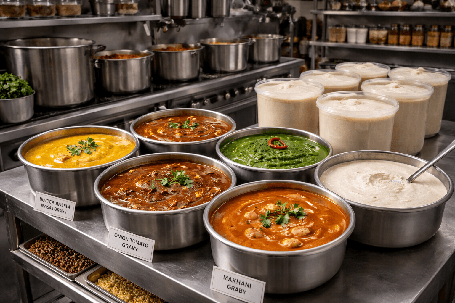 Various Indian gravies in large metal bowls and plastic containers on a professional kitchen counter.