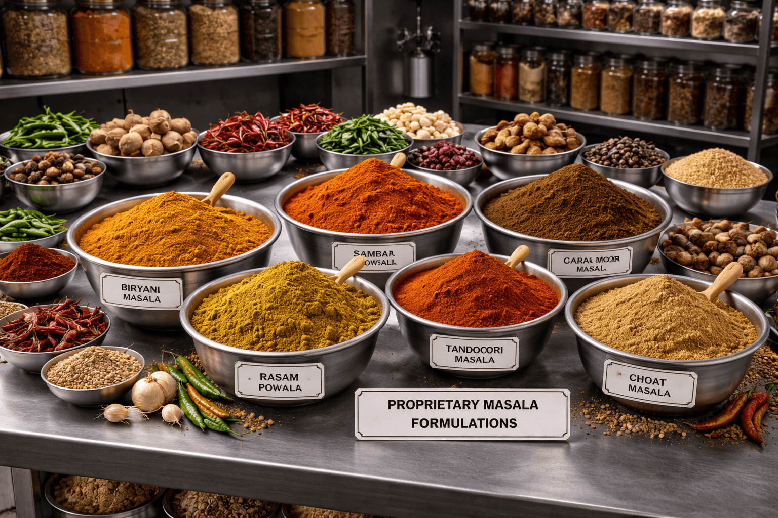 Vibrant Indian masala powders and whole spices displayed in metal bowls on a steel table.