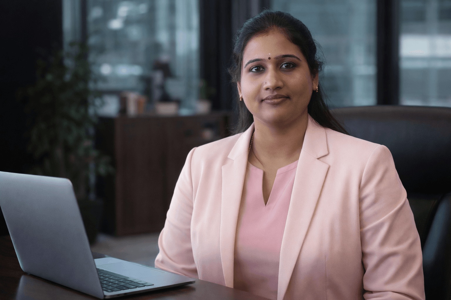 Professional Indian woman in a pink blazer sitting at an office desk with a laptop.