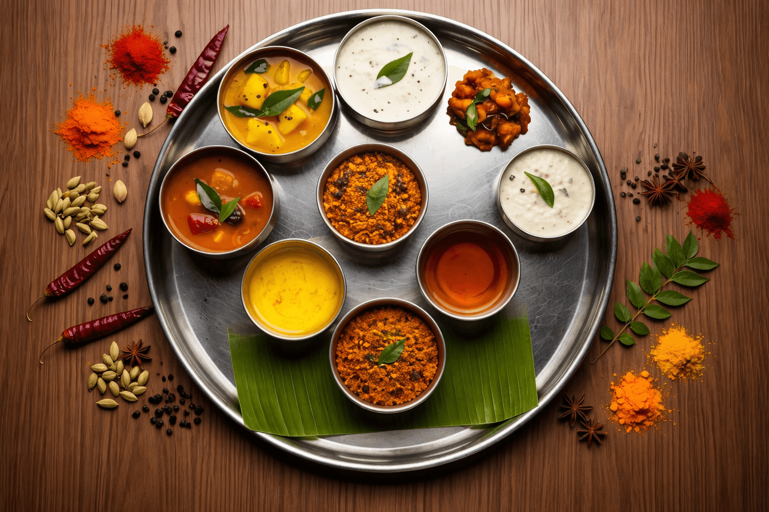 South Indian thali with assorted curries, surrounded by vibrant spices on a wooden table.